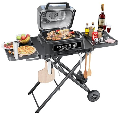 GFTIME Carro de barbacoa portátil para Weber, Ninja, Ooni, Blackstone, Nexgrill, Traeger y la mayoría de barbacoas portátiles y hornos de pizza. Carro de barbacoa al aire libre con ruedas, mesas