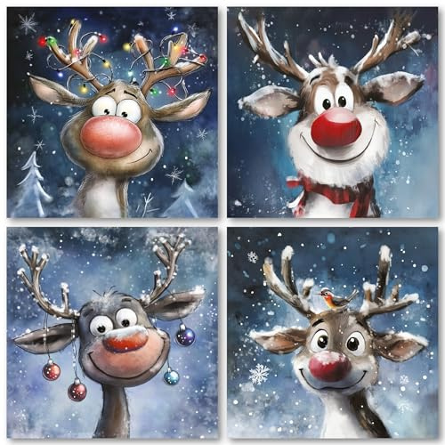 Charity Christmas Cards Pack of 32. Each Christmas Card multipack has 4 different Funky Reindeer designs. Ecofriendly and UK made. Verse Inside. Small 100 x 100mm card size.