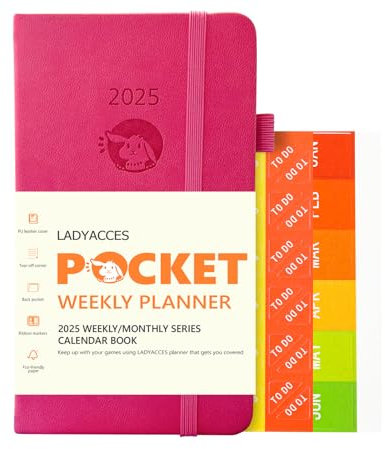 LADYACCES Taschenkalender 2025 [Jan.2025-Dez.2025 - Kleine Größe 16,5 x 9 cm] - Kalender 2025 Klein mit PU Leder Hardcover - A6 Planer 1 Woche 2 Seiten mit Innentasche - Rosa EUWMA6