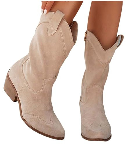 Stivali da donna con tacco e mezzo stivali, con tacco chunky a punta svasata per donna, stivali da cowboy, comodi e antiscivolo, in camoscio, beige., 43