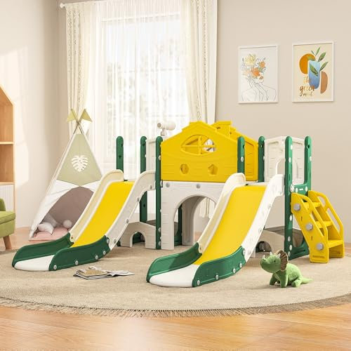 JOROBURO Toboggan pour Enfant 7 en 1 avec Panier de Basket, Aire de Jeux intérieure et extérieure, kit de Jeu d'escalade autoportant (7 en 1 Vert II)