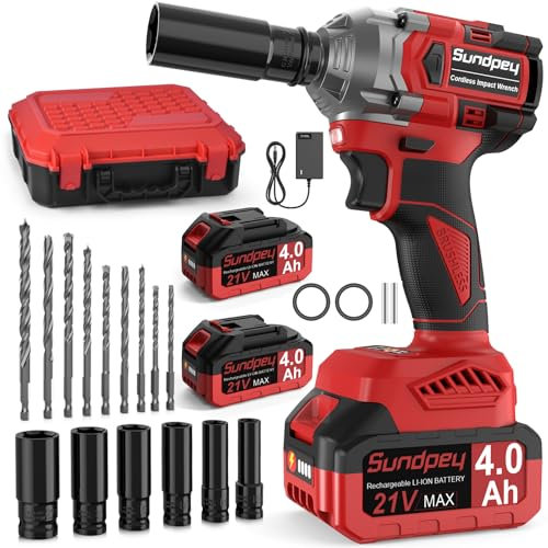 Sundpey 21V Cordless Impact Driver - 650N·m(480Ft-lbs) Brushless Electric Impact Gun - 2-in-1 3200RPM High Torque Impact Wrench with 2 x 4.0Ah Battery & 6 Sockets & 9 Drill Bits & Charger & Tool Case