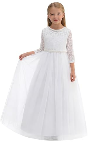 Ullicca Flower Girl Dress Vintage Floral Lace 3/4 Sleeves Wedding Formal Dress Pageant Birthday Party Tulle Pearls Ball Gowns White130