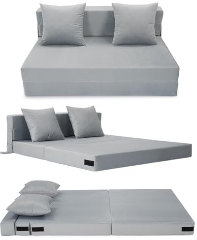 HAUSPROFI Schlafsofa mit Bezug aus Samtstoff & 2 Kissen, Bezug Abnehmbar, Waschbar, Klappmatratze mit Hochelastischer PU-Schwamm, Liegefläche 140CM x 200CM (Grau)