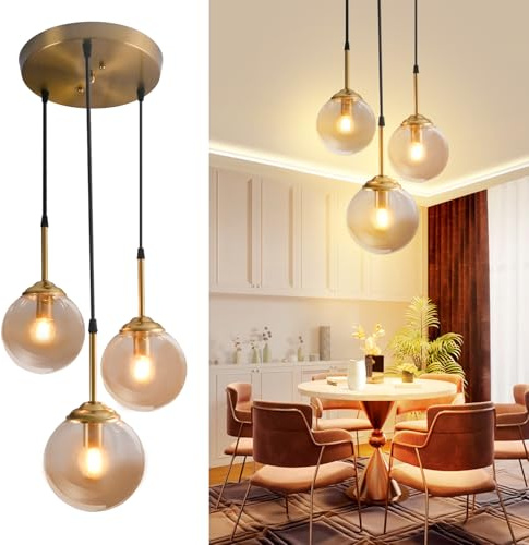 Kikioo Lustre moderne en métal de luxe nordique créatif transparent/fumé gris/ambre boule de verre lampe suspendue cluster e14 îlot de cuisine salon salle à manger chevet simple lampe suspendue