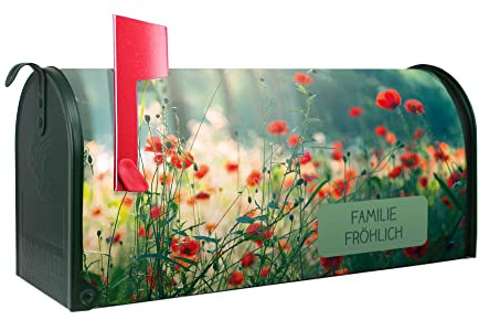 banjado® Amerikanischer Briefkasten - US Mailbox/Letterbox mit Motiv Waldmohn 51x22x17cm - Postkasten Stahl aus Amerika – Briefkasten amerikanisch grün pulverbeschichtet