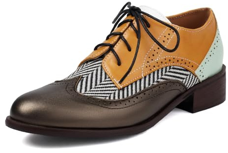 Galindopia Unisexo Oxford Zapatos Mujer Two Tone Perforated Wingtip Brogue Retro Low Heel Cordones Saddle Zapatos Spectator Crown Suits Yellow-Grey Plus Size 40
