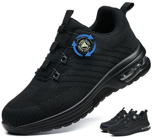 Zapatos de Seguridad para Hombre Mujer Zapatillas de Trabajo Ligero Comodo Calzado de Seguridad con Punta de Acero Transpirable Antideslizante Zapatillas Deportivas Negro 46 EU