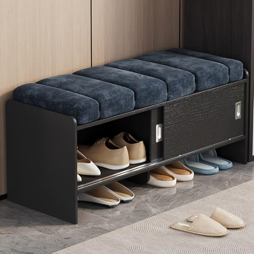 Banc d’entrée 110 cm avec Coussin rembourré et Rangement avec Portes coulissantes, Meuble Chaussures entrée Couloir, Assise Confortable, Coffre Moderne pour Salon Chambre Dressing