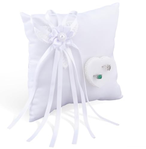 DICOSMETIC 1 cuscino per anelli di nozze, colore bianco, con 2 anelli, per cerimonia, matrimonio, anniversario, quadrato