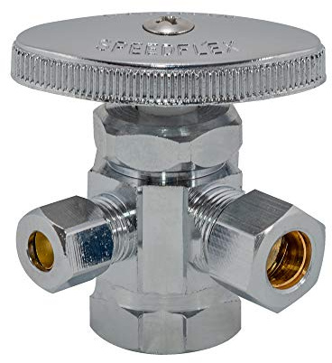 Eastman Multi-Turn Dual Outlet 3-Way Shut-Off Valve, 1/2 Inch FIP x 3/8 Inch OD Compression x 1/4 Inch OD Compression, Chrome Plated, 04320LF