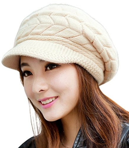 HINDAWI Women Winter Warm Knit Newsboy Hat Wool Snow Caps with Visor, Beige
