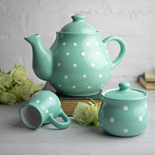 City to Cottage® Teal Blue And White Polka Dot Spotty Handmade Hand Painted Ceramic Large 1,7l/60oz/4-6 Cup Teapot, Milk Jug, Sugar Bowl Set