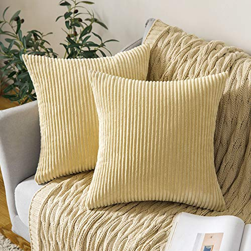 MIULEE Striped Corduroy Fabric Square Throw Pillow Case,Solid Cushion Cover Sham Home for Sofa Chair Couch/Bedroom Decorative Pillowcases 20x20 inch 50x50cm 2 Pieces Light Khaki