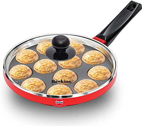 Hawkins Nonstick Appe Pan with Glass Lid, 12 Cups, Diameter 20 cm, Black, Cast Aluminium, Red