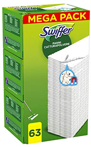 Swiffer Chiffons anti-poussière, 63 chiffons en microfibre secs, Chiffons de poussière et de saleté, idéal pour tous les types de sols et pour les poils d'animaux, chiffons avec 79% de fibres