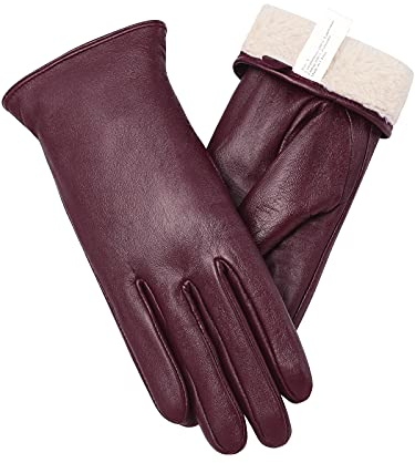 vislivin Vollhand Touchscreen-Handschuhe für Damen Leder Handschuhe Warmer Winter SMS Autofahren Handschuh Weinrot S