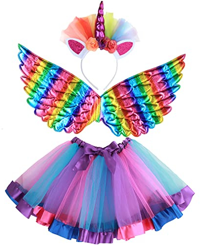 M MUNCASO Flicka, älva, kostym, fin klänning, ängel, kostym, set, barn, prinsessa, klänning, tyll, tutu kjol, set med änglavingar, enhörning, pannband, set för 3–8 år flicka
