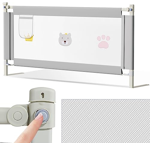 Cecaylie Griglia per letto da 150 cm, altezza regolabile 70 – 98 cm, protezione contro le cadute, per bambini, per bambini, struttura stabile, griglia per lettino con rete ariosa, grigio