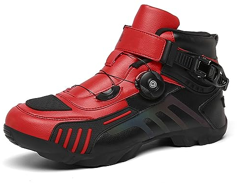 DJFOG Herren Motorradschuhe Schwarz Motocross Kurze Stiefeletten Wasserdichtes Leder, Motorrad-Offroad-Schuhe Rennsportstiefel,Rot,42 EU