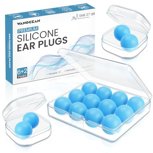 Wanocean Tappi Auricolari in Silicone per Dormire, 8 Paia di Tappi Auricolari Riutilizzabili Impermeabili Antirumore, Morbidi e Modellabili, SNR 27dB, Utilizzati per Proteggere l'udito di Chi Russa