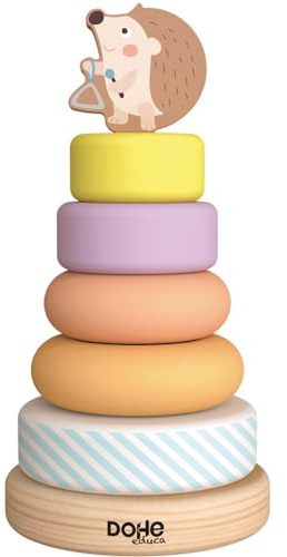 DOHE Educa - Aros Apilables de Madera Bebés - 5 Aros de Colores y Base, Gracioso Erizo para la Parte Superior, Material Infantil y Educativo