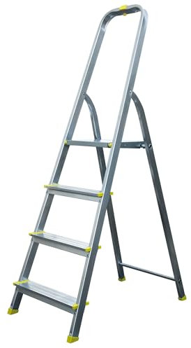 Bayersystem BS-DA4-H - Escalera de Aluminio con 4 peldaños, hasta 150 kg, Altura máxima de Trabajo 2,78 m, con pasamanos, Patas Antideslizantes, Escalera Plegable para el hogar, Incluye Gancho para