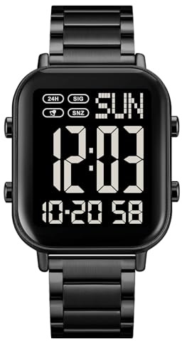 FANMIS Classic Unisex Digital Sports Watches Women's Men's Multifunctional Watch Stainless Steel Band Square Big Numbers Dial Waterproof Electronic Led Watch (Black Black)