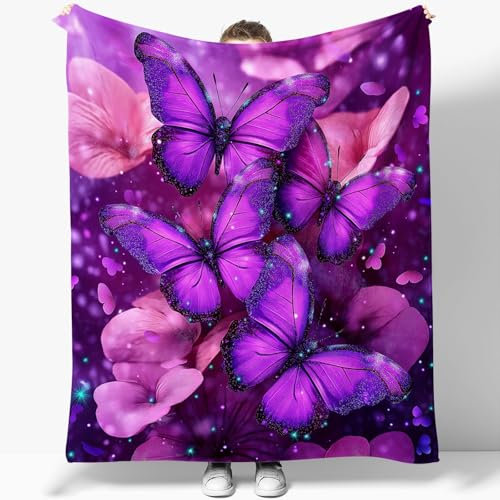 Decke Bedruckte Kuscheldecke Fantasie Schmetterling Blumen Decke Flauschig Weich Flanell Fleecedecke, Junge Kuscheldecke 150 x 200 cm Flauschige Decke Geschenke für Jungs Sherpa Decke Lila