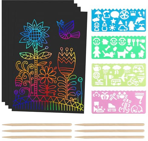 BELLALICHT 60pcs Kratzbilder für Kinder, Regenbogen Magie Kratzpapier Blätter,6 Holzstifte,4 Malschablonen, Malbuch Magic Scratch Book, Kratzpapier Set zum Zeichnen und Basteln für Jungen Mädchen DIY