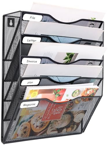FoiiLiio Portadocumenti da Parete a 5 Ripiani, Organizer per Documenti da Appendere Vertical in Rete, Portariviste da Parete A4, Cartelle Portadocumenti da Appendere per Ufficio, con Etichetta (Nero)
