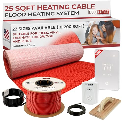 LuxHeat 25sqft Electric Radiant Floor Heating System - 120v Under Floor Heating System for Tile - Includes UWG5 WiFi Programmable Thermostat w/GFCI, Uncoupling Membrane, Heater Cable, Sensor & Alarm