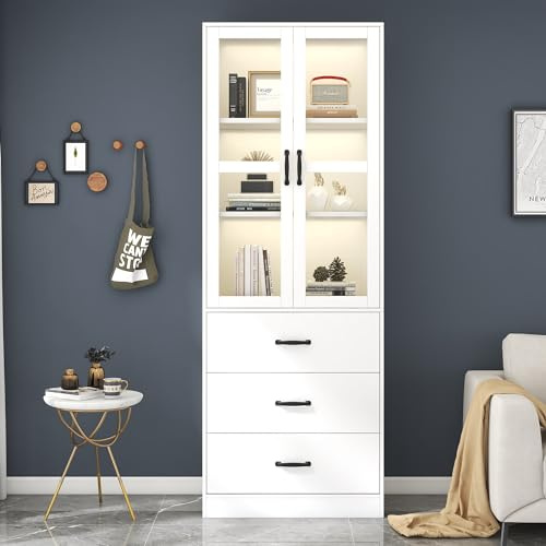 Wiuzo Vitrina Expositora con Iluminación LED y 3 Cajones de Almacenamiento, Vitrina Salón con 2 Puertas y 2 Estantes, Vitrina de Acrílico para Salón Dormitorios Oficina, 60x200x40 cm, Blanco