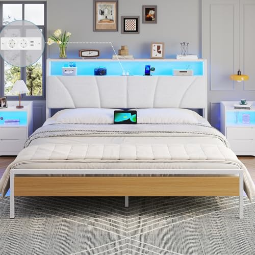Brinlawb Bett 160x200 mit Lattenrost aus Metall, Bettgestell 160x200 cm mit LED Beleuchtung, Metallbett 160x200cm mit Kopfteil und Ladestation (2 AC-Steckdosen, 2 USB-Anschlüsse) Doppelbett, Weiß