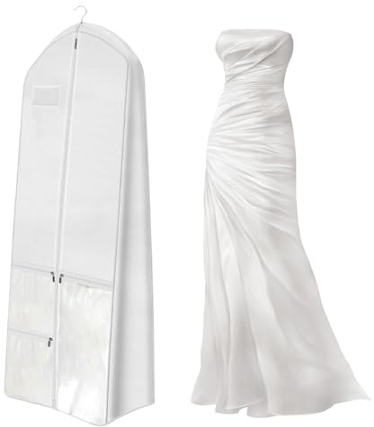 Borsa Porta Abiti da Sposa 180cm – Custodia Traspirante & Antipolvere per Abito Nuziale, Vestiti Lunghi e Cappotti | Pieghevole con Cerniera + 3 Tasche Trasparenti | Bianca per Armadio/Viaggi