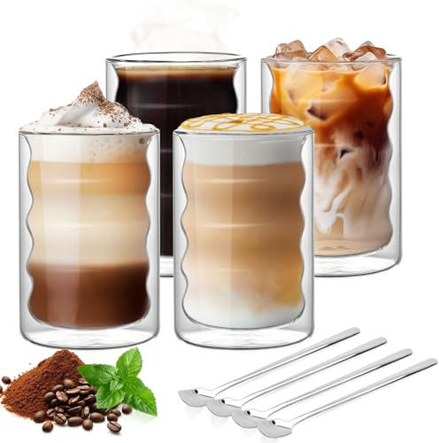 Forbabe Lot de 4 verres à latte macchiato à double paroi 350 ml - Verre borosilicate spirale - Double paroi - Avec 4 cuillères - Transparent - Pour café, cappuccino, expresso