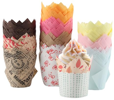 XIMEY Pirottini per Muffin Carta, Pirottini Muffin tulipano, Cupcake 300 Pezzi, Cupcake Liners per Cottura, Dolci, Feste, Natale e Compleanni, Dimensioni Standard (Tulipani-A)