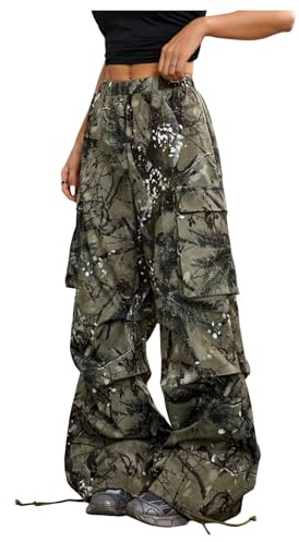 GORGLITTER Women's Camo Print Baggy Cargo Trousers High Elastic Waist Ruched Wide Leg Pants with Flap Pocket Army Green Small