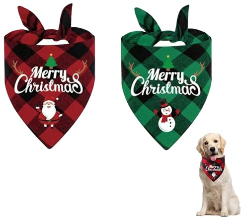 2 Pezzi Set Bandana di Natale per Cane, Bandana Classica a Quadri per Animali Domestici, Sciarpa Triangolare Babbo Natale Pupazzo di Neve, Costume Natalizio per Gatti e Cani (Rosso e Verde)
