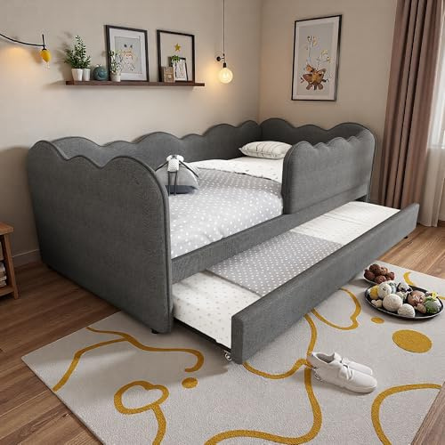 Wyibwy Divano letto imbottito 90x190cm,Letto singolo con letto estraibile 90x190cm,struttura letto con rete a doghe in legno per bambini, tessuto in lino,senza materasso(Gris)
