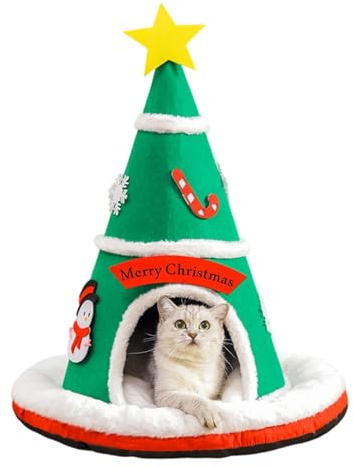 Caverne Pour Chat, Chaud Antidérapant Sapin De Noël, Lit Doux De Sommeil Pour Chaton Cabane Chat, Coussin Amovible Arbre De Noël, Pour Chaton Petit Chien Intérieur Décoration Maison Chambre 60x60x70cm