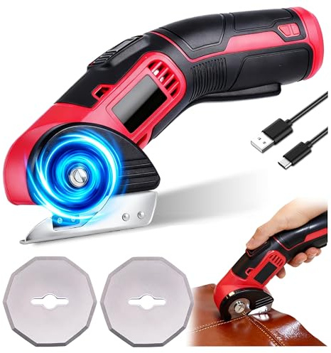 Ciseaux Electrique Sans Fil, 4V 400 Tr/Min Cutter Tissu Rotatif Multifonction avec 2 Lames Auto-Affûtées pour Couper le Tissu, Cuir, Moquette, Carton et Plastique