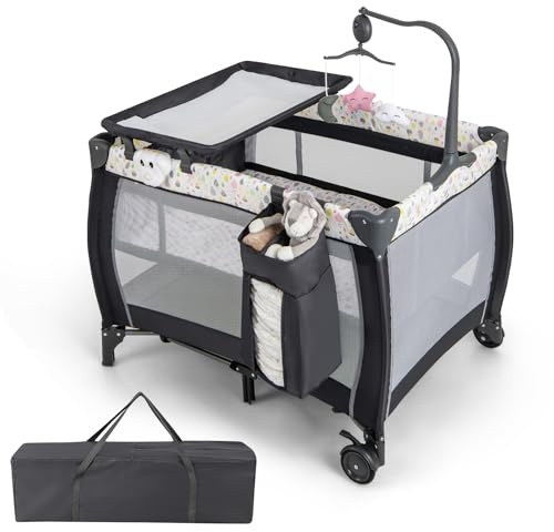 COSTWAY 3 in 1 Portable Travel Cot, Folding Baby Bassinet and Activity Playpen with Changing Table, Mattress, Music Box, Hanging Toys, Wheels and Carry Bag, Baby Crib Bed for Boys Girls (Dark Grey)