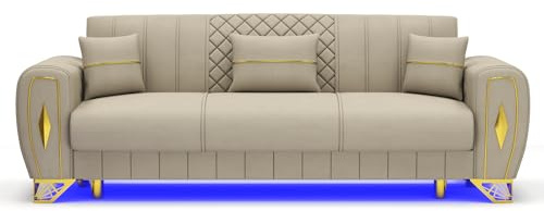 GLAMORA 3 Seater Sofa - Click Back Sofa Bed with Under-Seat Storage | Soft Plush Suede Couch with LED Light, Chrome Metal Legs & Matching Cushions for Living Room (Cream)