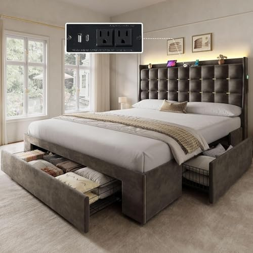 YITAHOME Queen Size Bed Frame with 3 Storage Drawers and RGB LED Lights, Velvet Upholstered Bed with Charging Station and Storage Headboard, No Box Spring Needed, Easy Assembly, Noise-Free, Grey