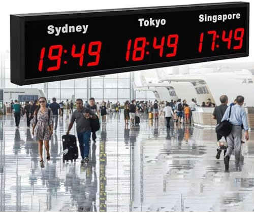Reloj mundial digital LED con múltiples zonas horarias, ideal para hoteles, aeropuertos y empresas multinacionales