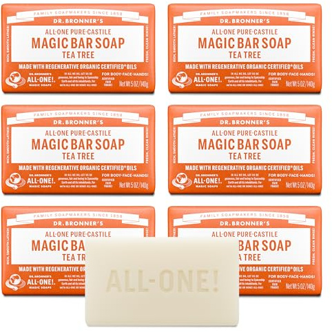 Dr. Bronner's Pure-Castile Magic Bar Soap (Tea Tree, 5 ounce, 6-Pack) - Made with Regenerative Organic Certified Oils, For Face, Body & Hair, Gentle, Vegan, Non-GMO