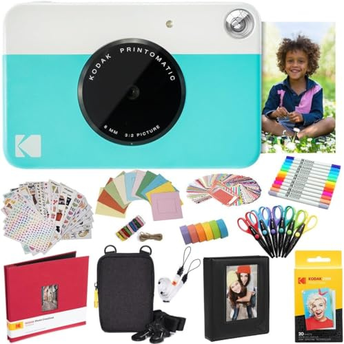 Kodak Printomatic Instant Camera (Blau) Komplettpaket + Zinkpapier (20 Blatt) + Luxusetui + Fotoalbum + 7 Aufklebersätze + Marker + Scheren + Randaufkleber und mehr
