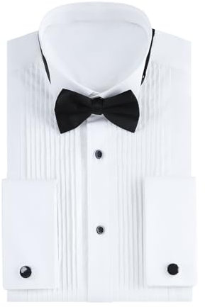 Gollnwe Men's Tuxedo Shirt Wing Collar French Cuff Dress Shirt for Men with Cufflinks and Bow Tie White L