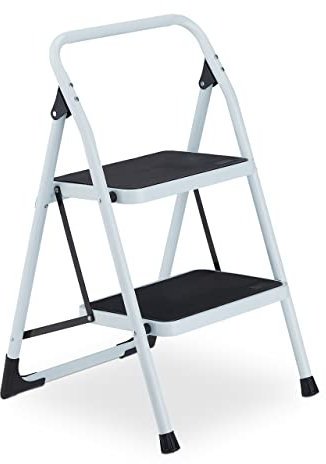 Relaxdays Trittleiter, 2 Stufen, klappbar, Klapptritt mit Haltebügel, bis 150 kg, Anti-Rutsch, kleine Leiter Stahl, weiß